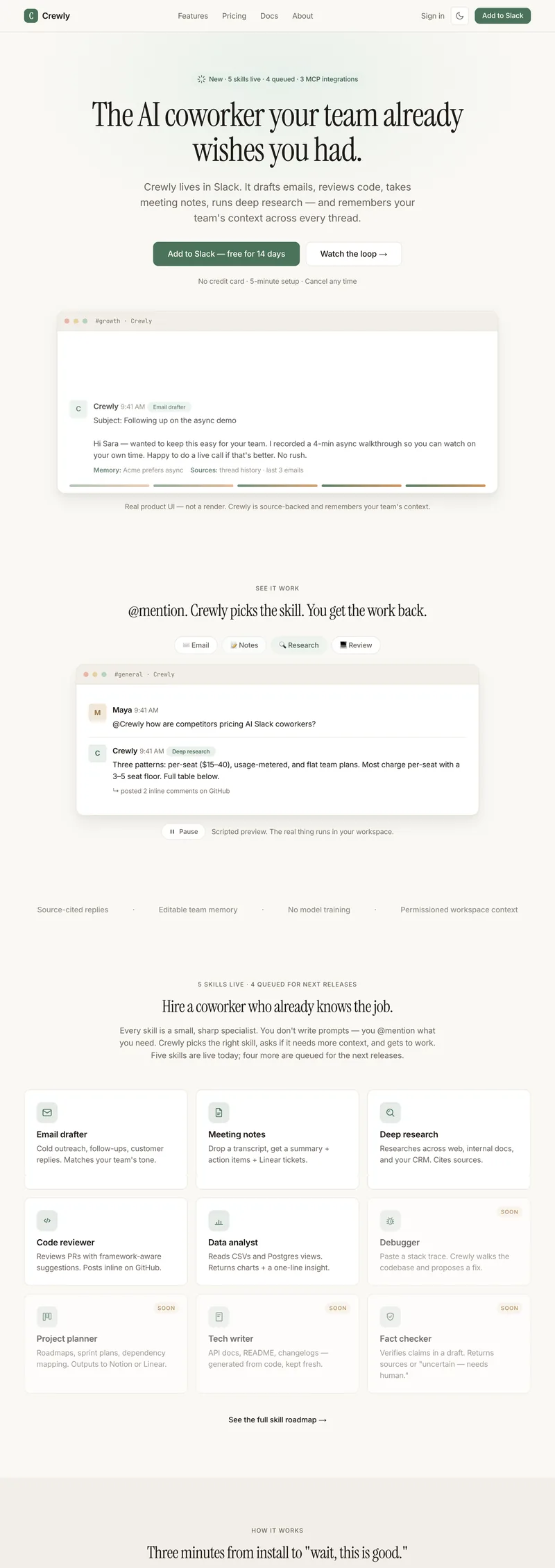 Crewly landing page, the AI coworker that lives in Slack