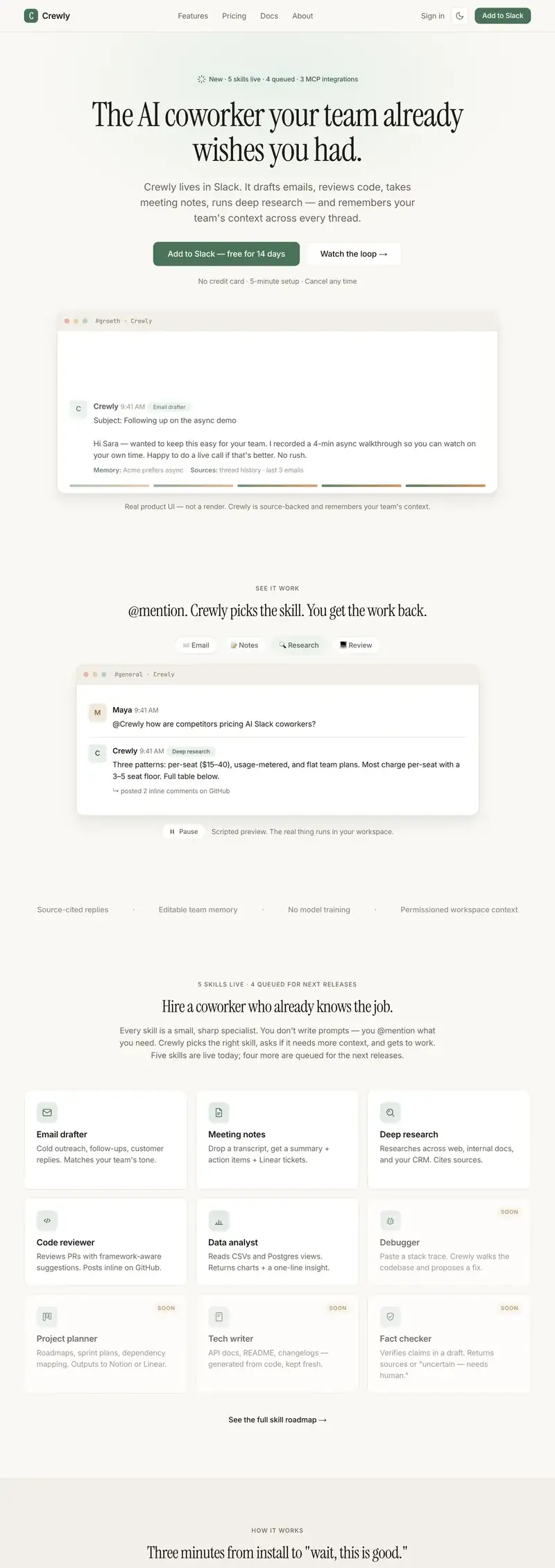 Crewly — full landing page: the AI coworker that lives in Slack, built by 404 Technologies