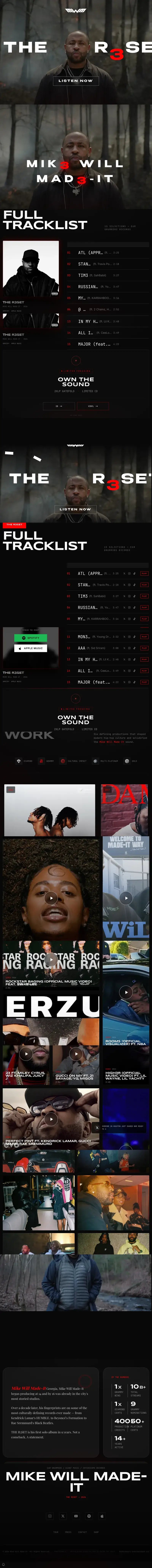 Mike Will Made It Media Hub — full THE R3SET site scroll: hero, tracklist, discography, productions, gallery, merch, and bio, built by 404 Technologies