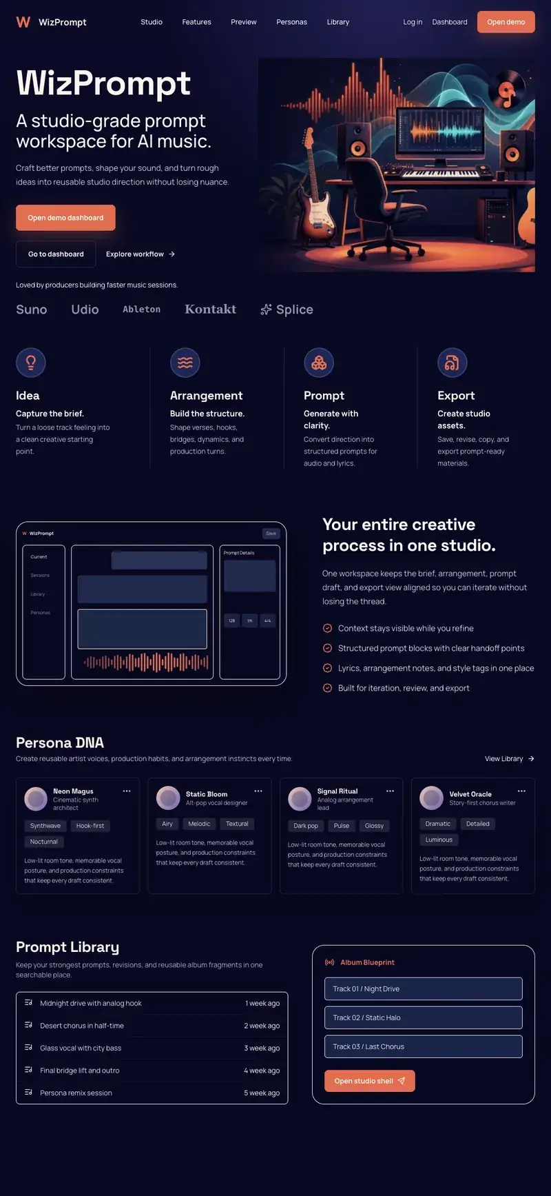 WizPrompt — full landing page: studio-grade prompts for AI music, built by 404 Technologies