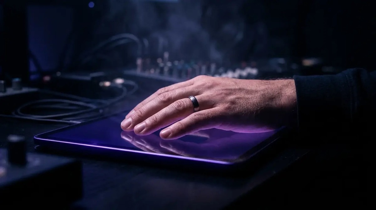 Operator's hand resting on a glowing dark tablet in a dim studio at night