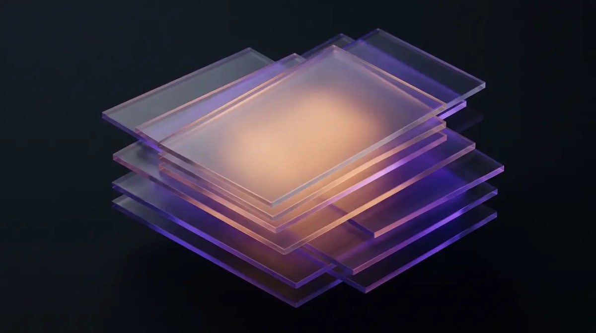 Stacked translucent frosted-glass panels with warm amber core and violet edge glow