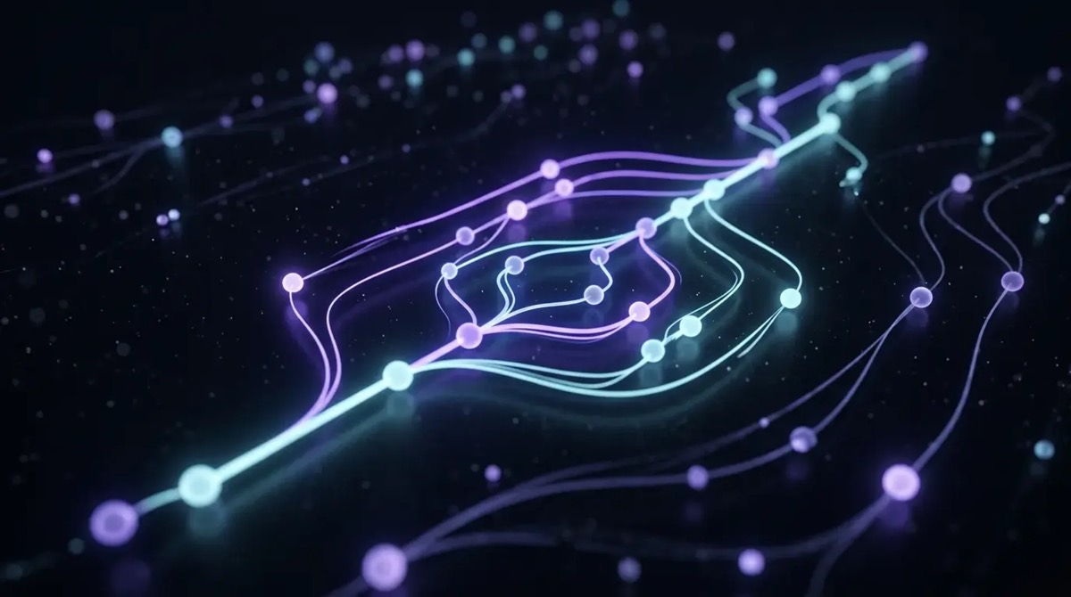Branching version-control git graph of glowing nodes and violet light trails on near-black