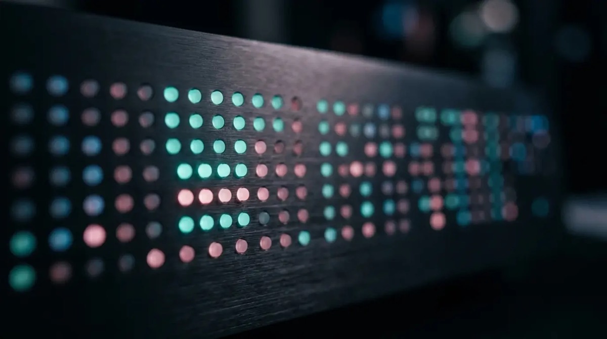 Grid of glowing teal and rose status indicators on a dark brushed-metal panel