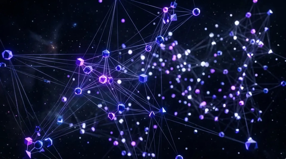 Constellation of floating geometric tool primitives linked by luminous violet threads