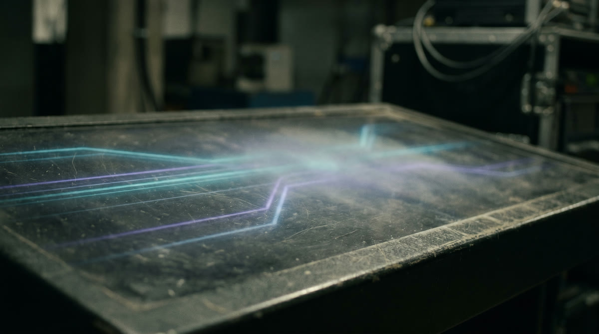 Dark studio workbench with cyan and violet light traces converging across a glowing surface