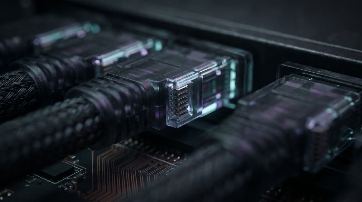 Interlocking translucent server connectors and glowing data sockets in cyan and violet
