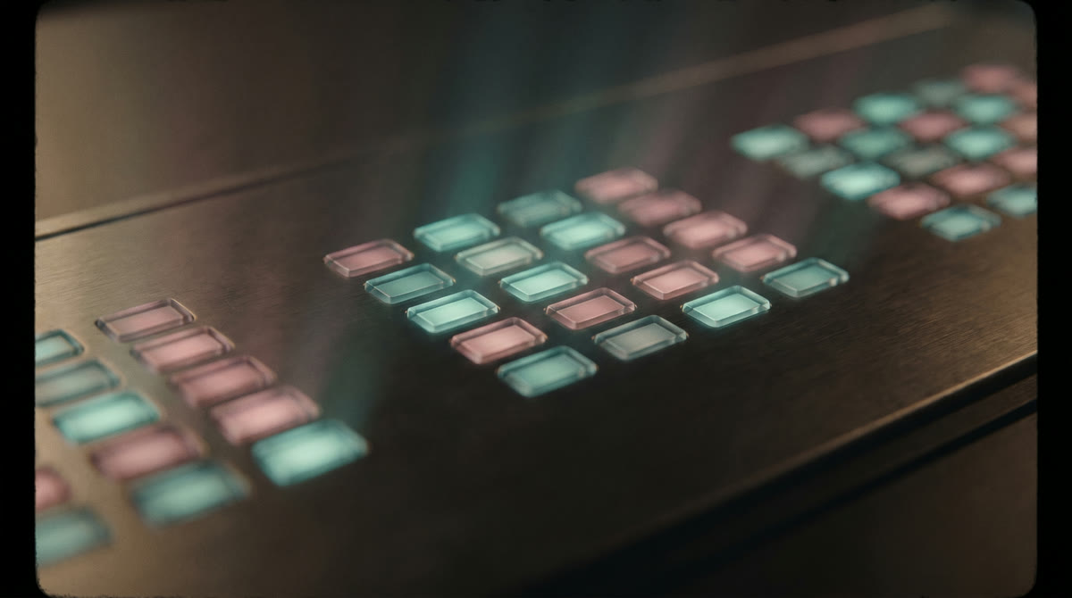 Grid of glowing teal and rose status cells on a dark brushed-metal panel