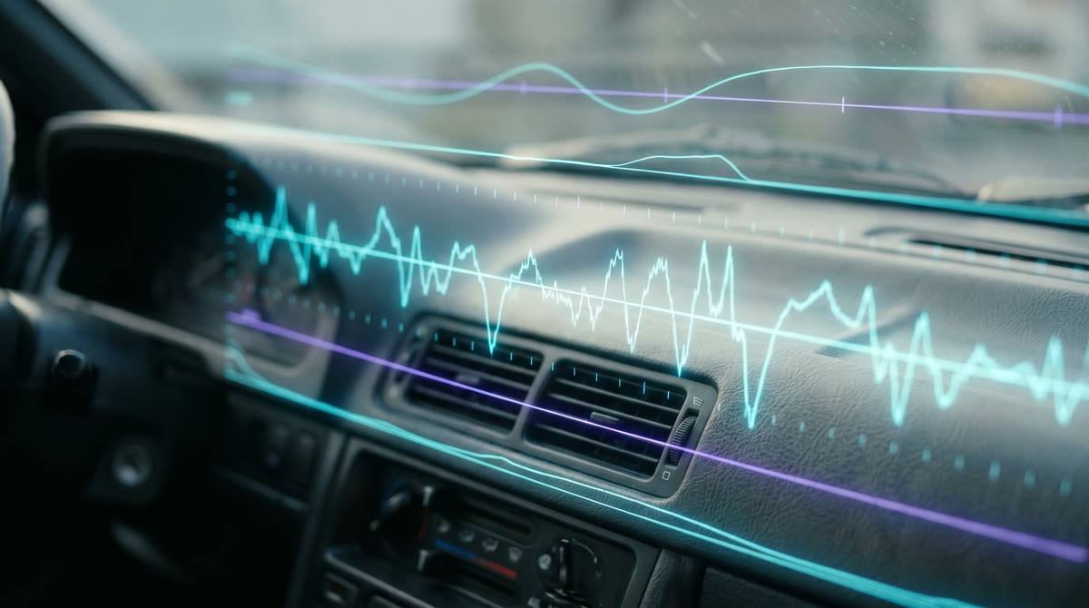 Layered translucent telemetry trace lines and waveforms over a dark dashboard