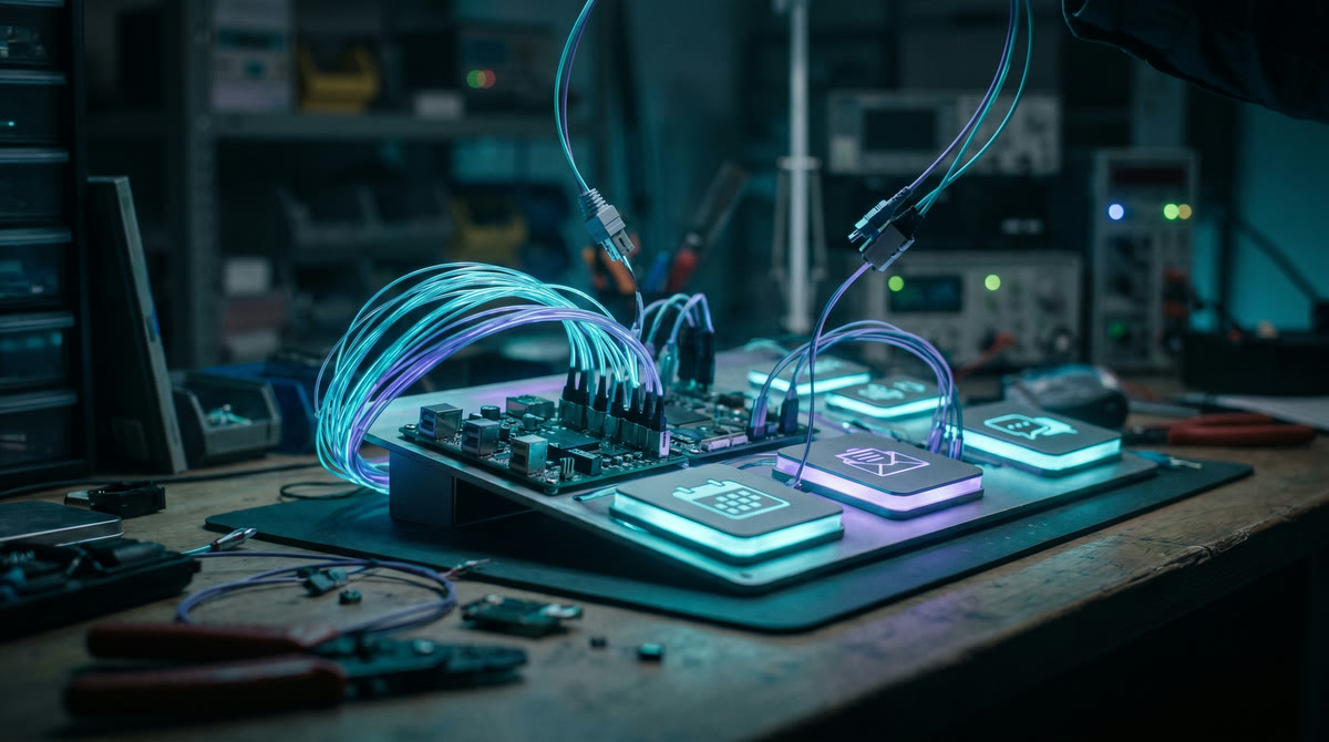 Developer's workbench with glowing cyan and violet wiring linking calendar, inbox, and chat nodes